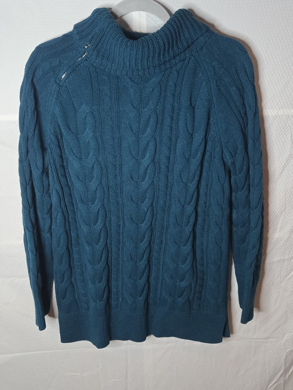 Teal Cable Knit Funnel Neck Sweater Quiet Luxury
